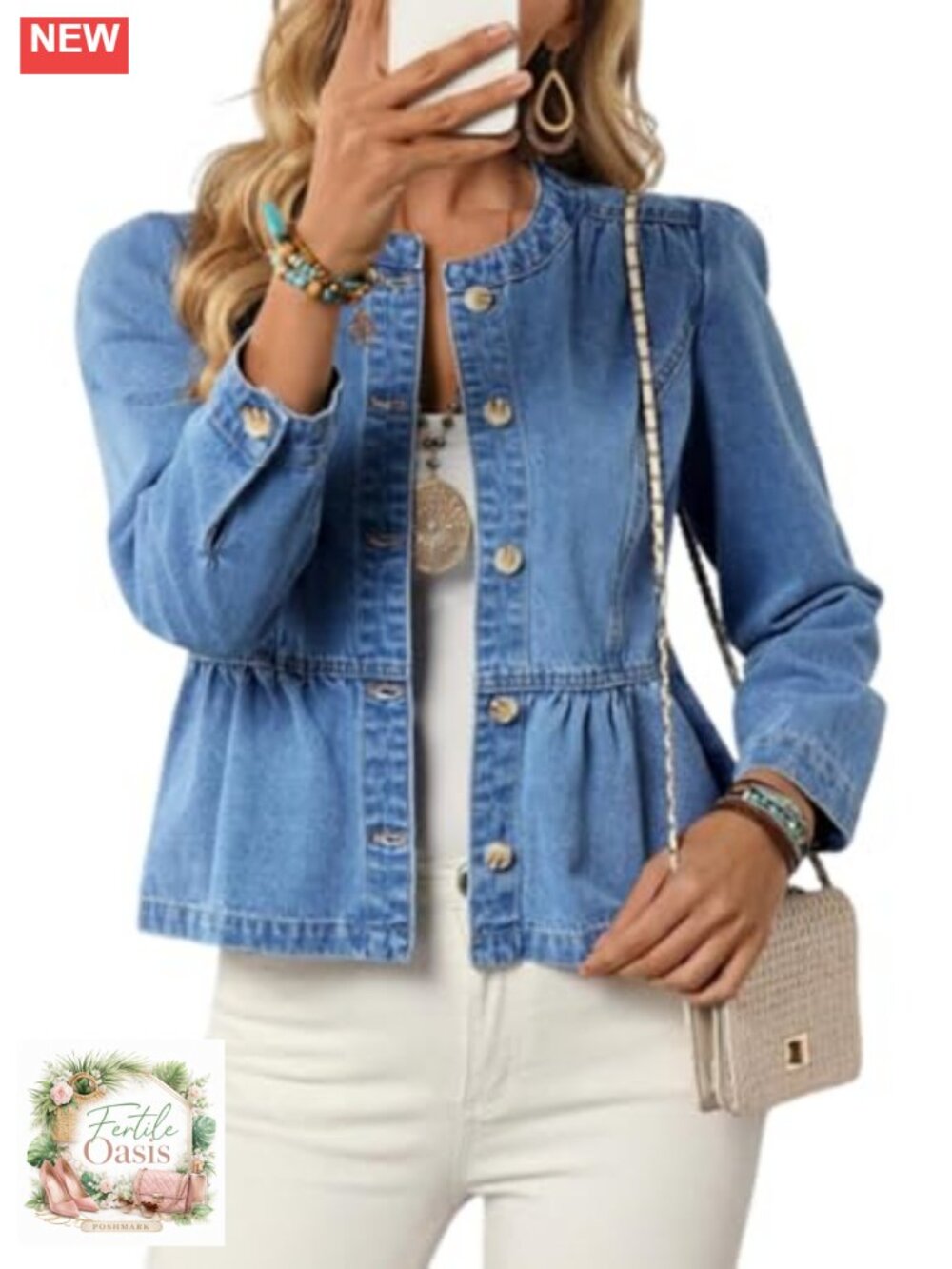 Women's Cropped Peplum Jean Jacket Denim Shirt Button Down